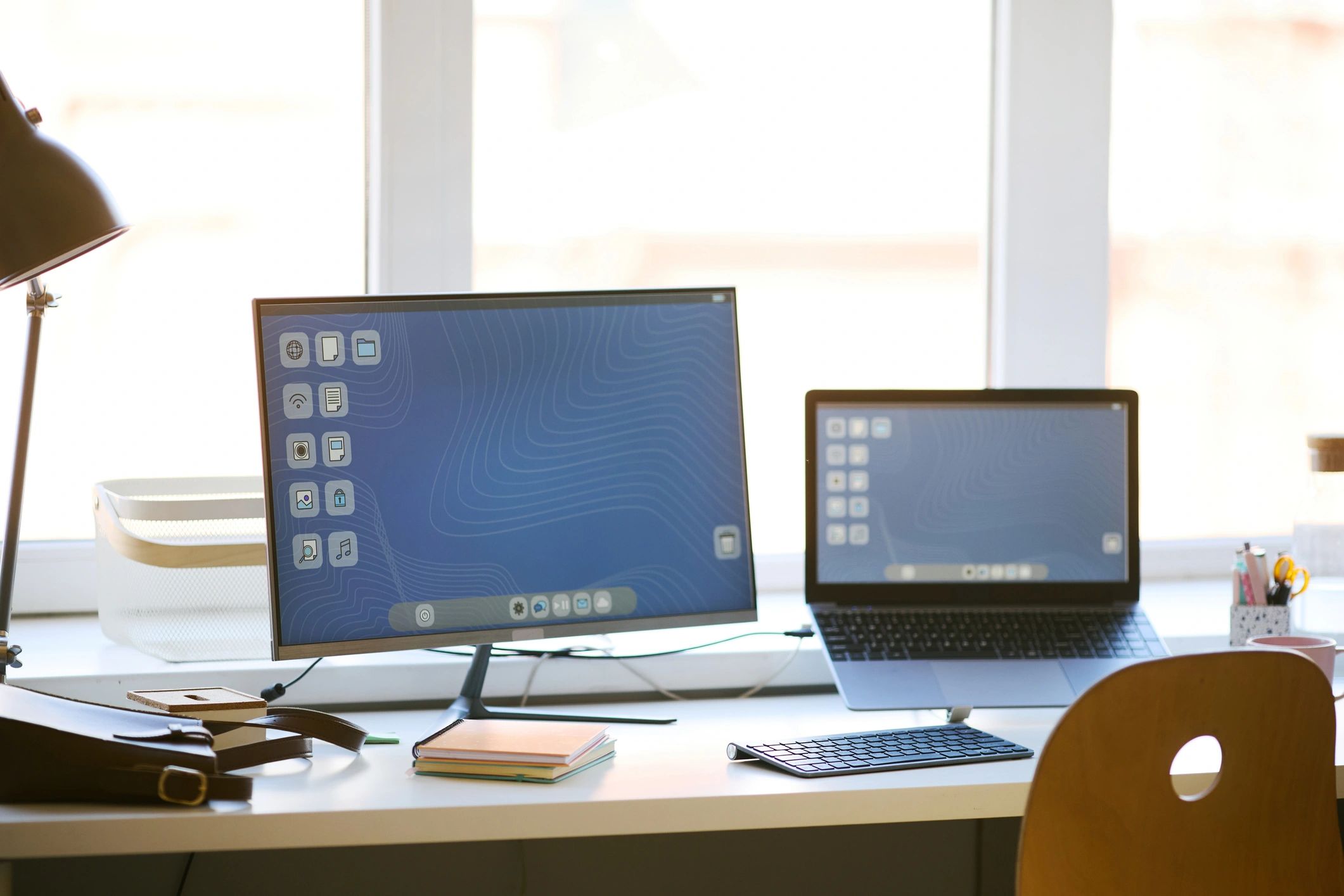 Workspace with desktop monitor and laptop representing digital reading and language learning technology